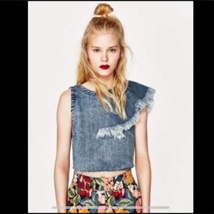 Zara cropped denim ruffle shell top